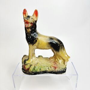 Vintage Chalk Ware 8” German Shepherd Dog Figure Tan Black Rin Tin Tin Flaws